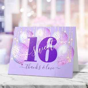 Purple Glitter Sweet 16 Birthday Balloon Girly Thank You Card