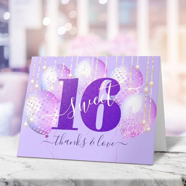 Purple Glitter Sweet 16 Birthday Balloon Girly Thank You Card (Creator Uploaded)