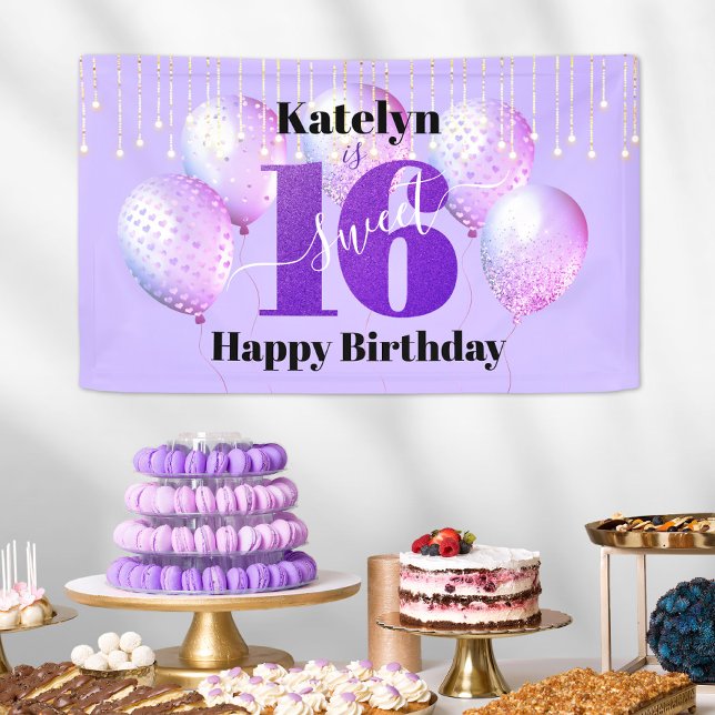 Purple Glitter Sweet 16 Birthday Balloons Script Banner (Creator Uploaded)