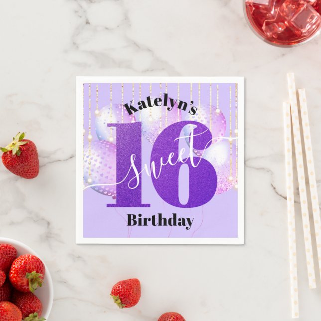 Purple Glitter Sweet 16 Birthday Balloons Script Napkin (Insitu)