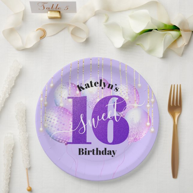 Purple Glitter Sweet 16 Birthday Balloons Script Paper Plate (Wedding)
