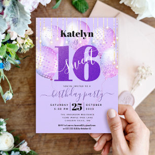 Purple Glitter Sweet 16 Birthday Girly Balloons Invitation