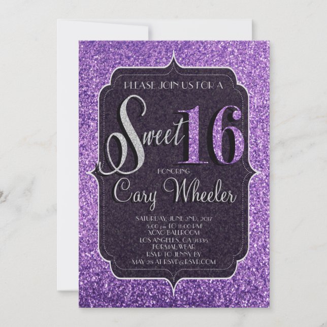 Purple Glitter Sweet 16 Birthday Invitation (Front)