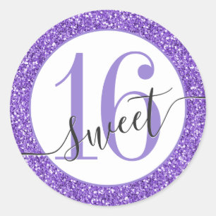 Purple Glitter Sweet 16 Favour Sticker Seal