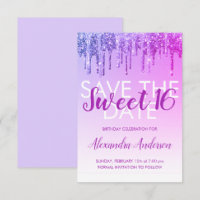 Purple Glitter Sweet 16 Save the Date