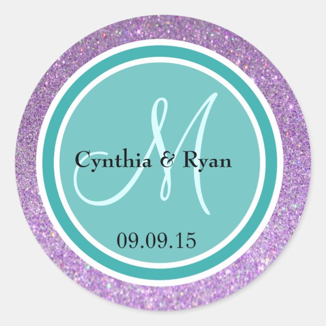 Purple Glitter & Teal Green Wedding Monogram Classic Round Sticker (Front)