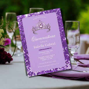 Purple Glitter Tiara Crown Elegant Quinceañera Invitation