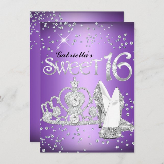 Purple Glitter Tiara & Heels Sweet 16 Invite (Front/Back)