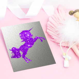 Purple Glitter Unicorn and Metallic Silver Holiday Postcard