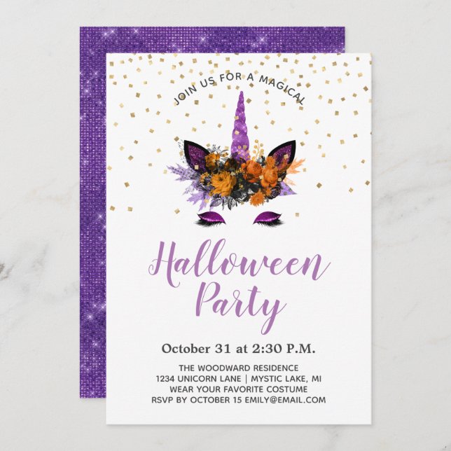 Purple Glitter Unicorn Halloween Party Invitation (Front/Back)