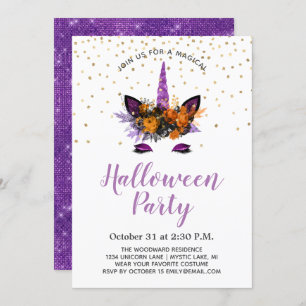 Purple Glitter Unicorn Halloween Party Invitation