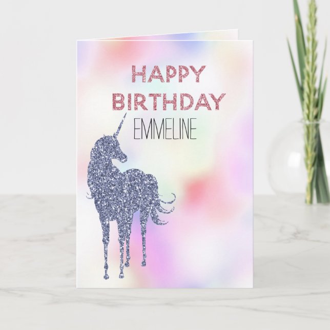 Purple Glitter Unicorn Pink Birthday        Card (Front)