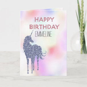 Purple Glitter Unicorn Pink Birthday        Card