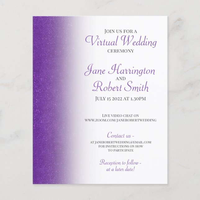 Purple Glitter Virtual Wedding Paper Invitation (Front)