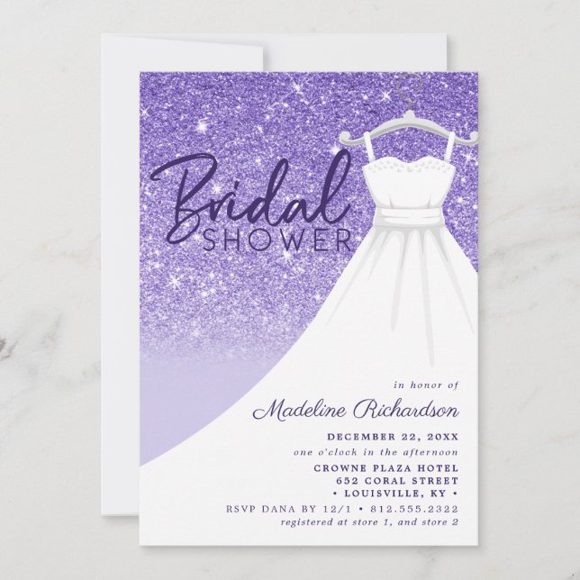 Purple Glitter Wedding Dress Chic Bridal Shower Invitation (Front)
