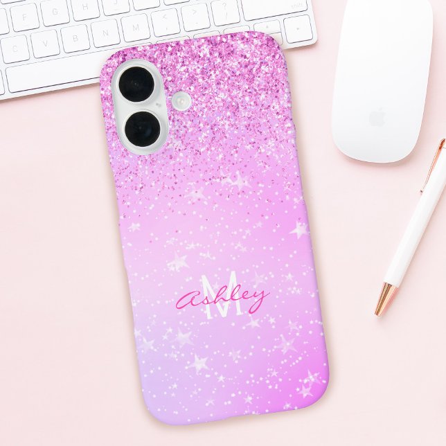 Purple Glitter, White Stars Script Name & Monogram Case-Mate iPhone Case (Creator Uploaded)