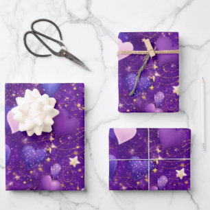 purple glitter with hearts and stars wrapping paper sheet