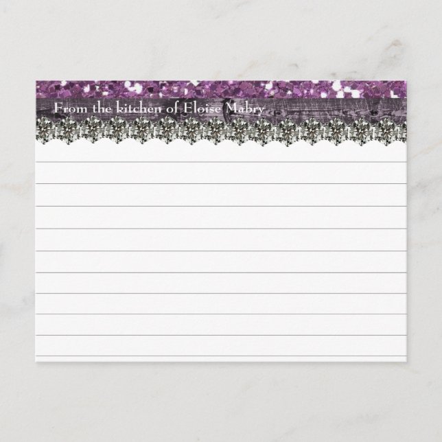 Purple Glitter Wood Look Personalised Recipe Cards (Front)