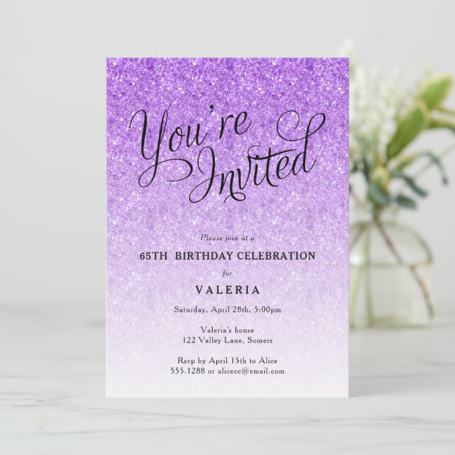 Purple Glitter You're Invited Party Invitation (Standing Front)