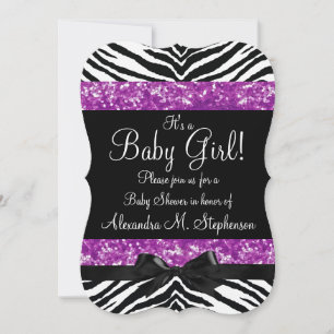 Purple Glitter Zebra Bow Baby Shower Girl Invitation