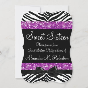 Purple Glitter Zebra Bow Sweet Sixteen Invitation
