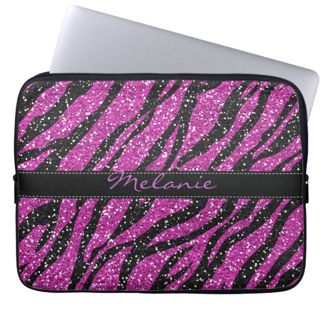 Purple Glitter Zebra Print Monogram Laptop Sleeve (Front)