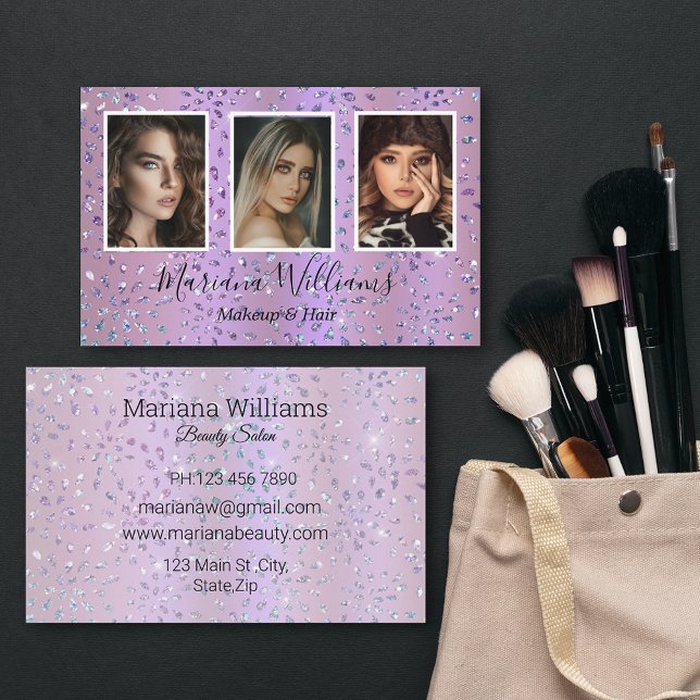 purple glitters makeup and hair 3 photos collage business card (Creator Uploaded)