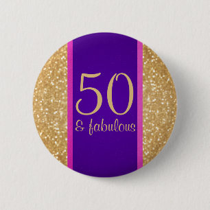 Purple & Glittery 50 & Fabulous 50th Birthday 6 Cm Round Badge