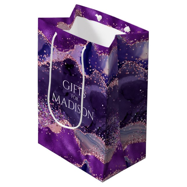 Purple Glittery Agate Texture Medium Gift Bag (Front Angled)