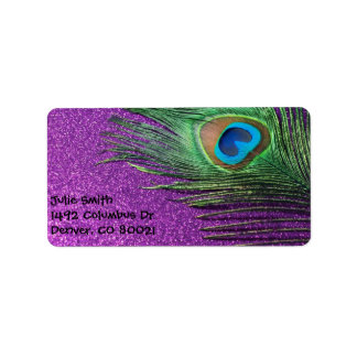 Purple Glittery Peacock Feather Still Life Label