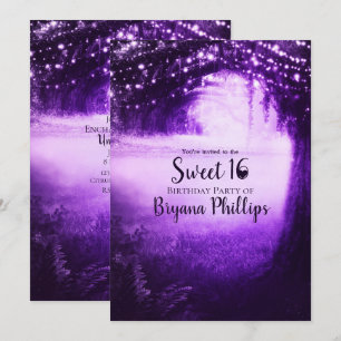 Purple Glow Forest & String Lights Sweet 16 Party Invitation