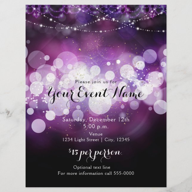Purple Glow Sparkle Lights Glam Party Event Flyer (Front)