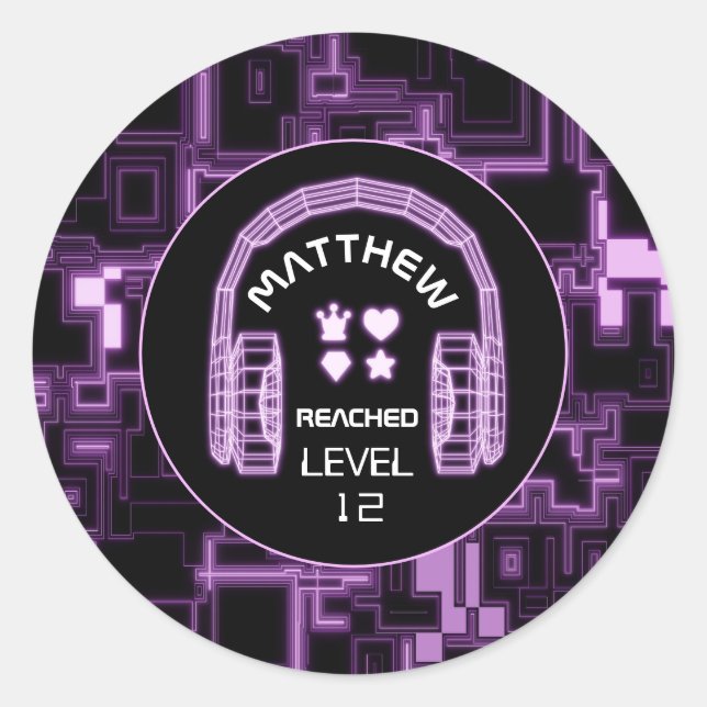 Purple Glow Video Game Headsets Party Classic Round Sticker (Front)