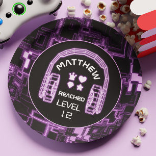 Purple Glow Video Game Headsets Party Paper Plate