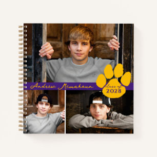 Purple & Gold 3 Photo Paw Graduation Guestbook Notebook