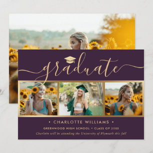 Purple Gold 4 Photo Collage Script Graduation Announcement