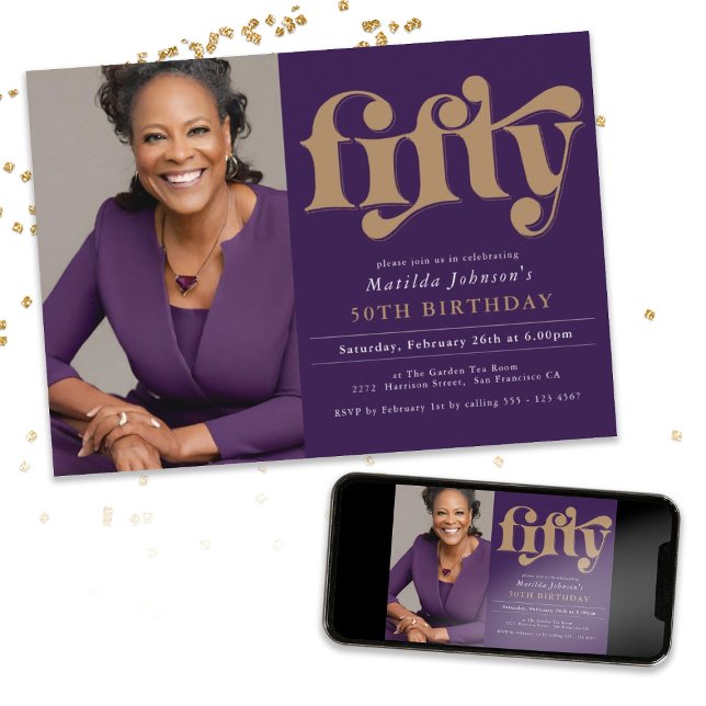 Purple Gold 50th Birthday Party Invitation (Purple Gold 50th Birthday Party Invitation)