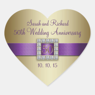Purple Gold 50th Wedding Anniversary Heart Sticker