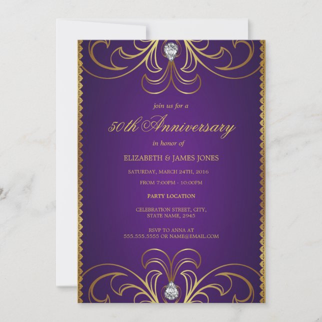 Purple & Gold 50th Wedding Anniversary Invitation (Front)