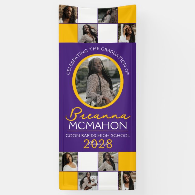 Purple & Gold 9 Photo Collage Graduation Vinyl Banner (Vertical)