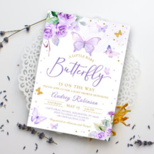 Purple Gold A Little Butterfly Floral Baby Shower Invitation