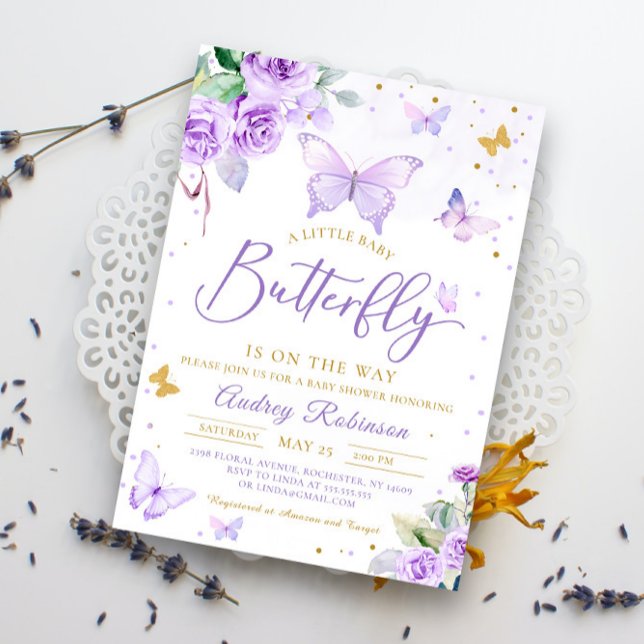 Purple Gold A Little Butterfly Floral Baby Shower Invitation (Creator Uploaded)