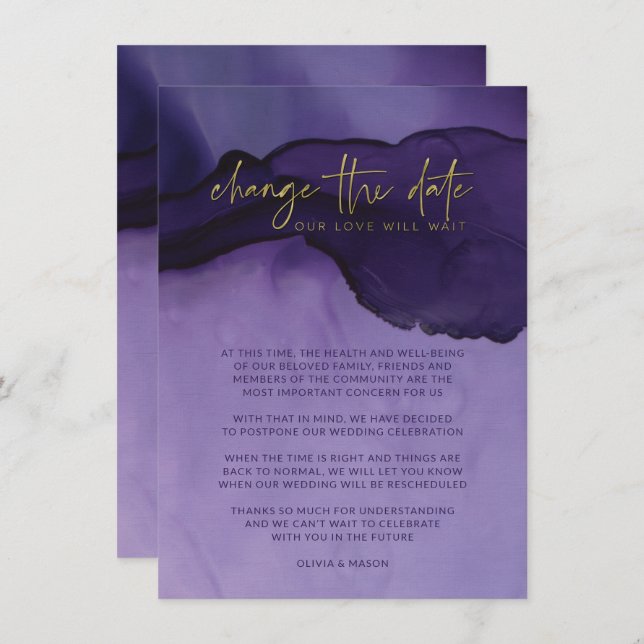 Purple & Gold Abstract Change The Date Wedding Invitation (Front/Back)