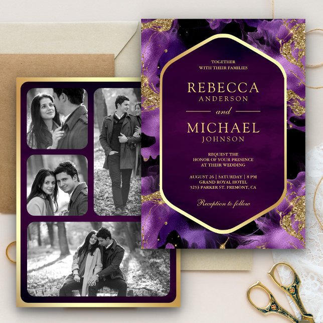 Purple Gold Abstract Fluid Ink Photo Wedding Invitation (Creator Uploaded)