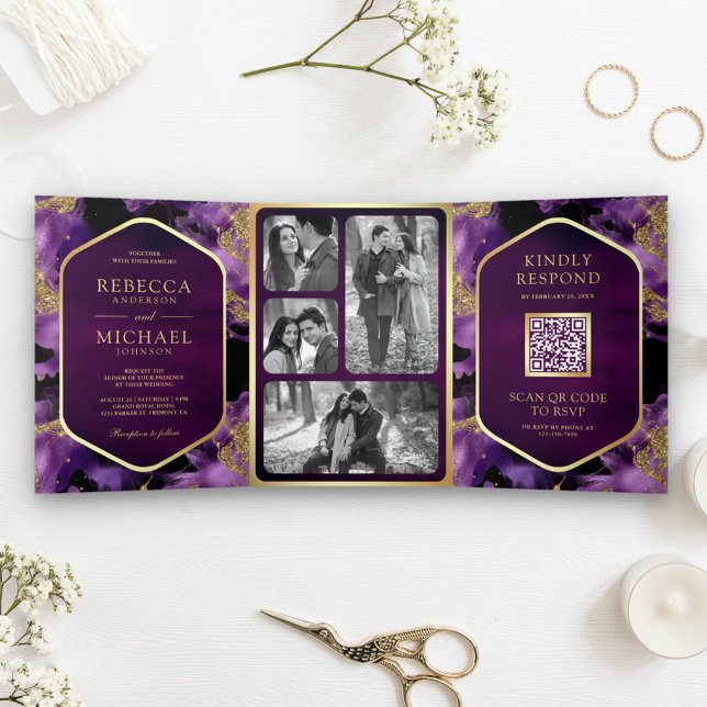 Purple Gold Abstract Fluid Ink QR Code Wedding Tri-Fold Invitation (Creator Uploaded)