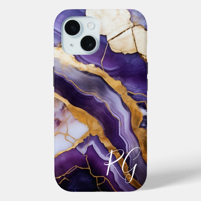 Purple Gold Abstract Marble Monogram Case-Mate iPhone Case (Back)