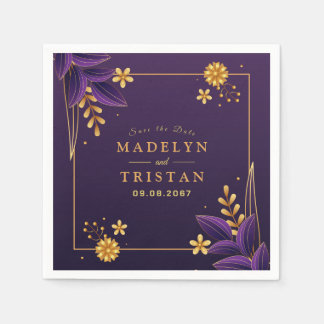 Purple & Gold Aesthetics Floral Wedding Napkin