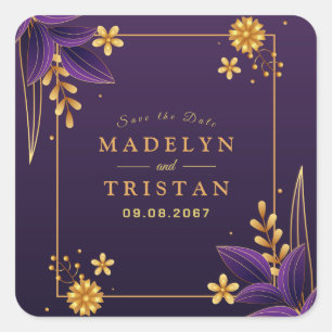 Purple & Gold Aesthetics Floral Wedding Square Sticker