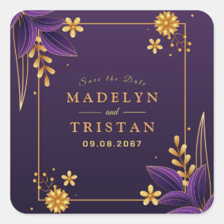 Purple & Gold Aesthetics Floral Wedding Square Sticker