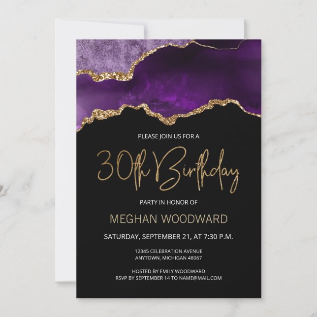 Purple Gold Agate 30th Birthday Party Invitation (Front)